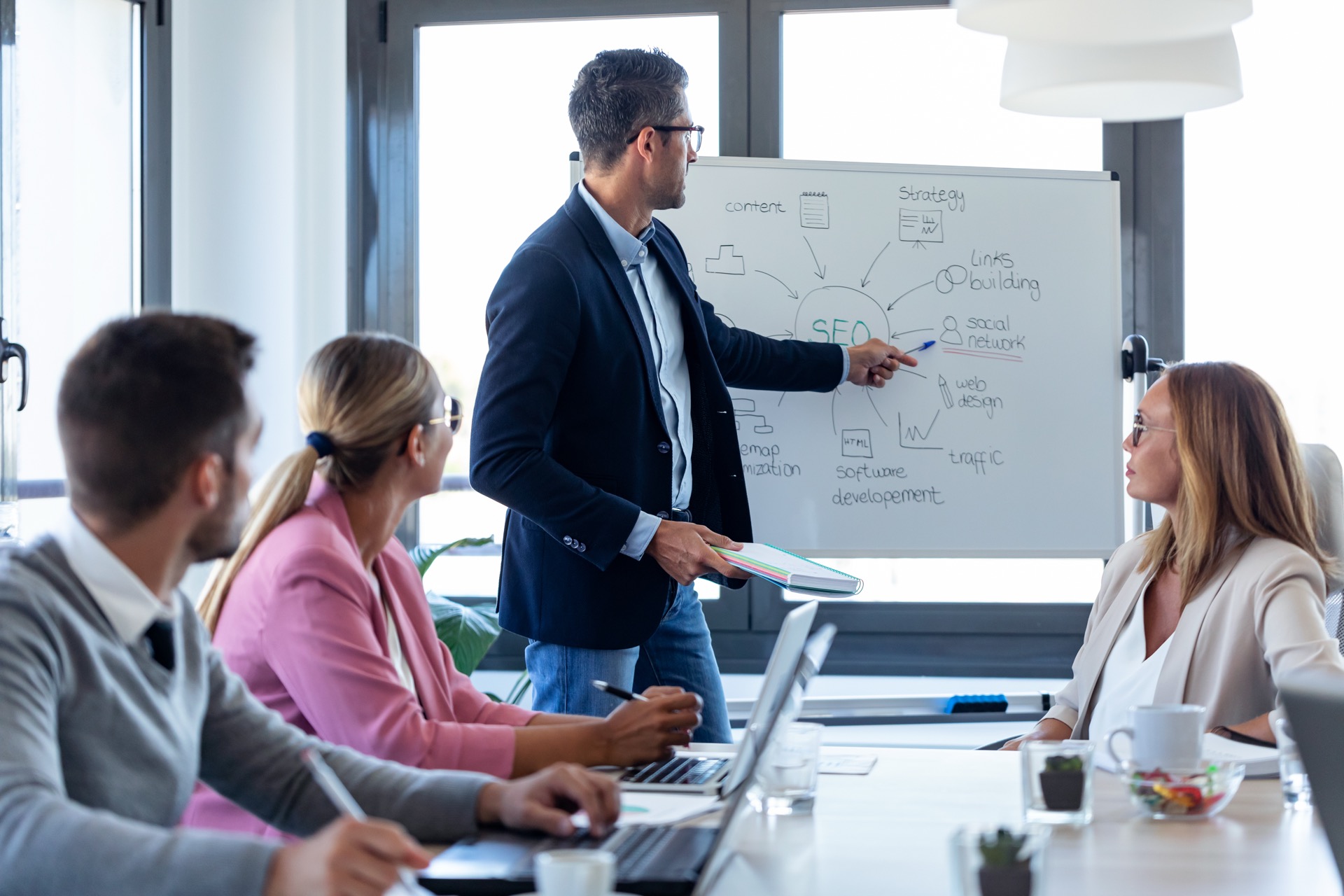 Marketing-Team analysiert SEO-Strategie am Whiteboard (Symbolbild)